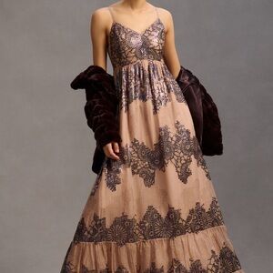 Anthropologie Brown and Blue Ruffled Tiered Maxi Dress